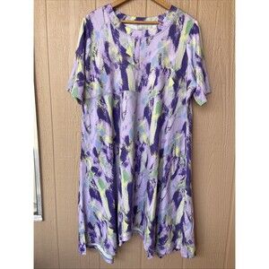 LOGO Lounge T Shirt Dress Women 1X Petite purple Stretch Pockets Comfort Tie Dye